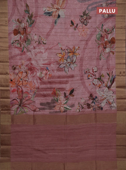 Semi matka saree pastel pink with allover floral prints & sequence work and zari woven border