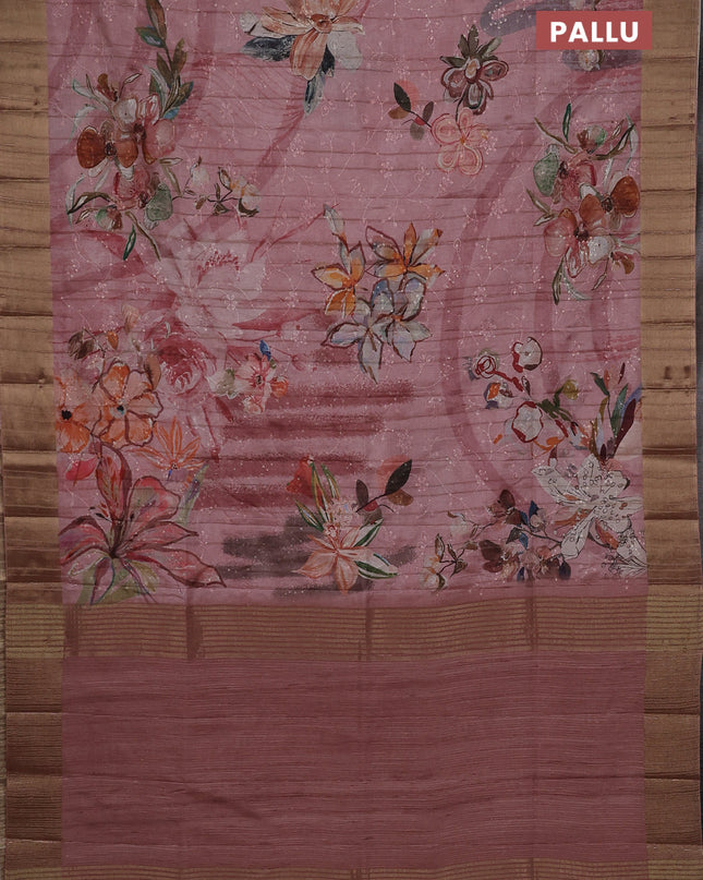 Semi matka saree pastel pink with allover floral prints & sequence work and zari woven border