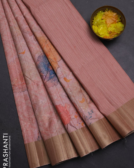 Semi matka saree peach shade with allover floral prints & sequence work and zari woven border