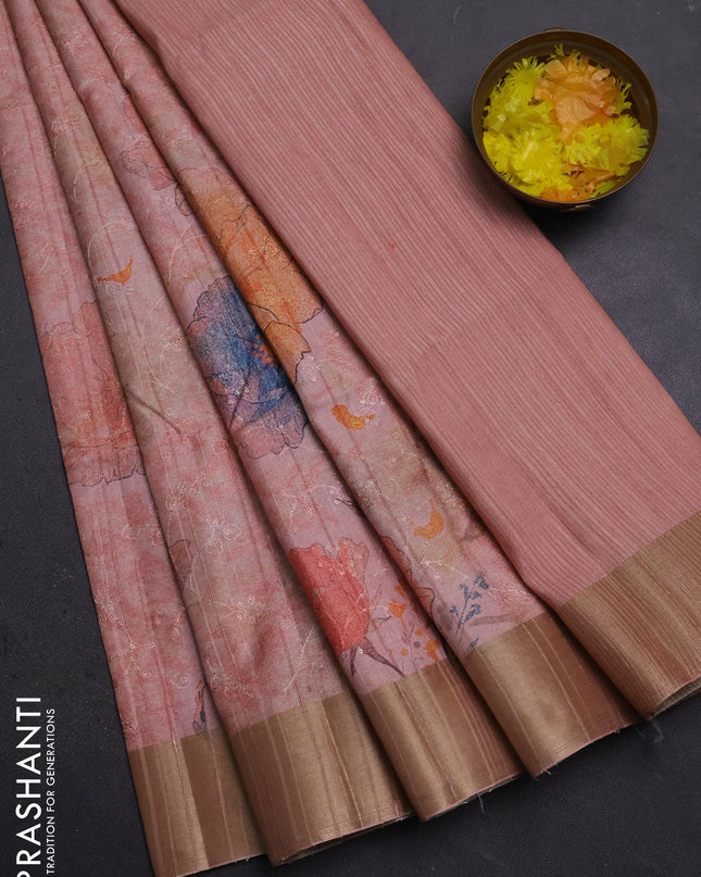 Semi matka saree peach shade with allover floral prints & sequence work and zari woven border