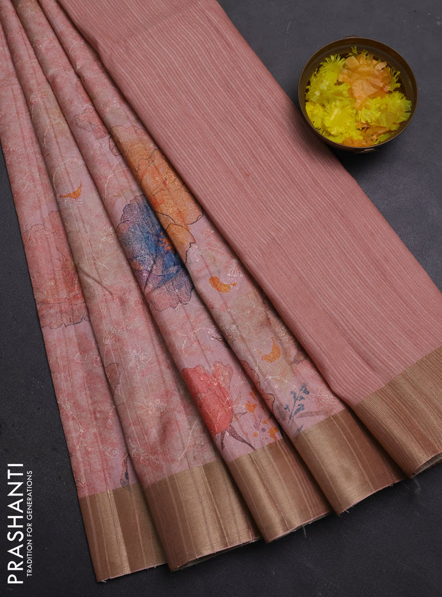 Semi matka saree peach shade with allover floral prints & sequence work and zari woven border