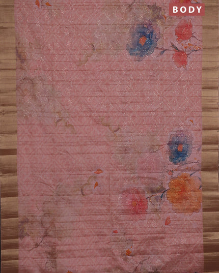 Semi matka saree peach shade with allover floral prints & sequence work and zari woven border