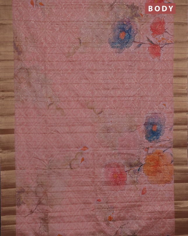 Semi matka saree peach shade with allover floral prints & sequence work and zari woven border