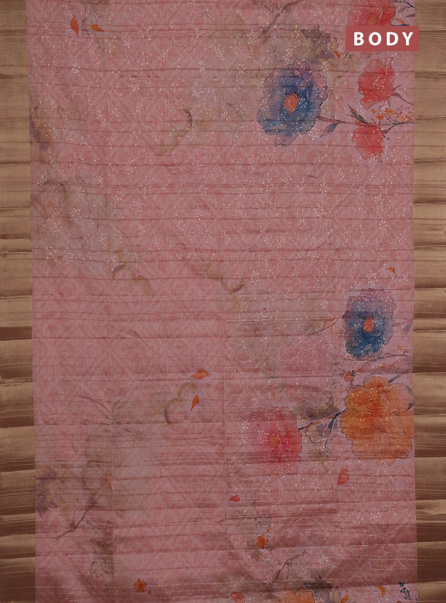 Semi matka saree peach shade with allover floral prints & sequence work and zari woven border