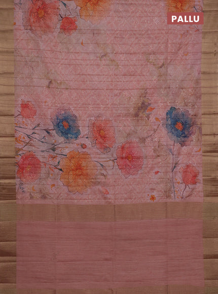 Semi matka saree peach shade with allover floral prints & sequence work and zari woven border