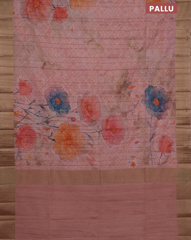 Semi matka saree peach shade with allover floral prints & sequence work and zari woven border