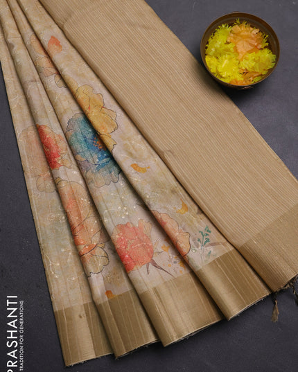 Semi matka saree beige and sandal with allover floral prints & sequence work and zari woven border