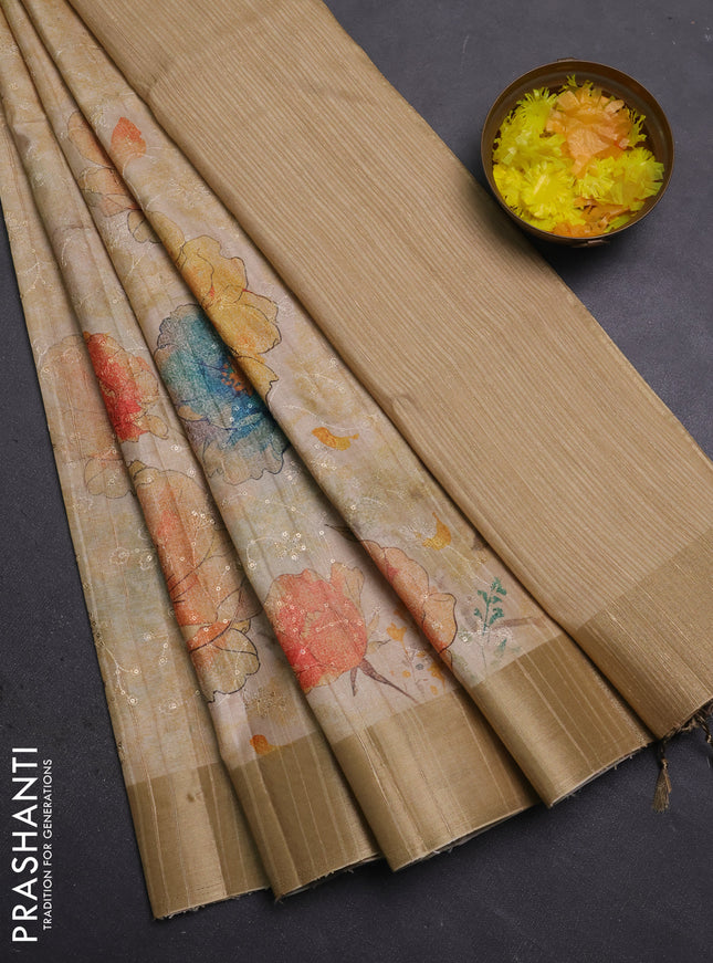 Semi matka saree beige and sandal with allover floral prints & sequence work and zari woven border