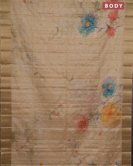 Semi matka saree beige and sandal with allover floral prints & sequence work and zari woven border