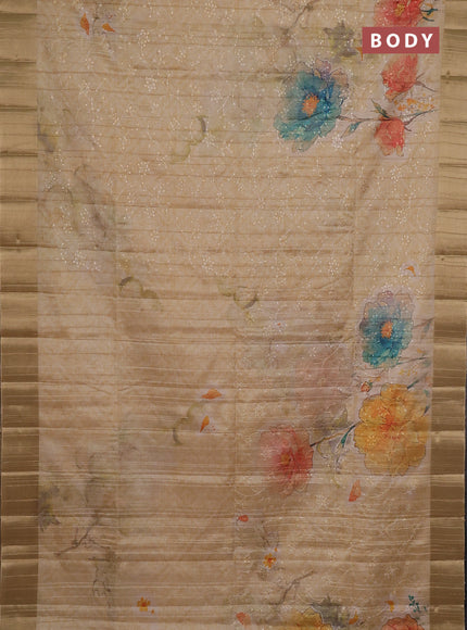 Semi matka saree beige and sandal with allover floral prints & sequence work and zari woven border