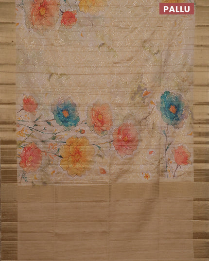 Semi matka saree beige and sandal with allover floral prints & sequence work and zari woven border