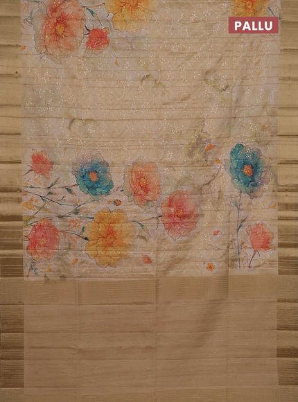 Semi matka saree beige and sandal with allover floral prints & sequence work and zari woven border