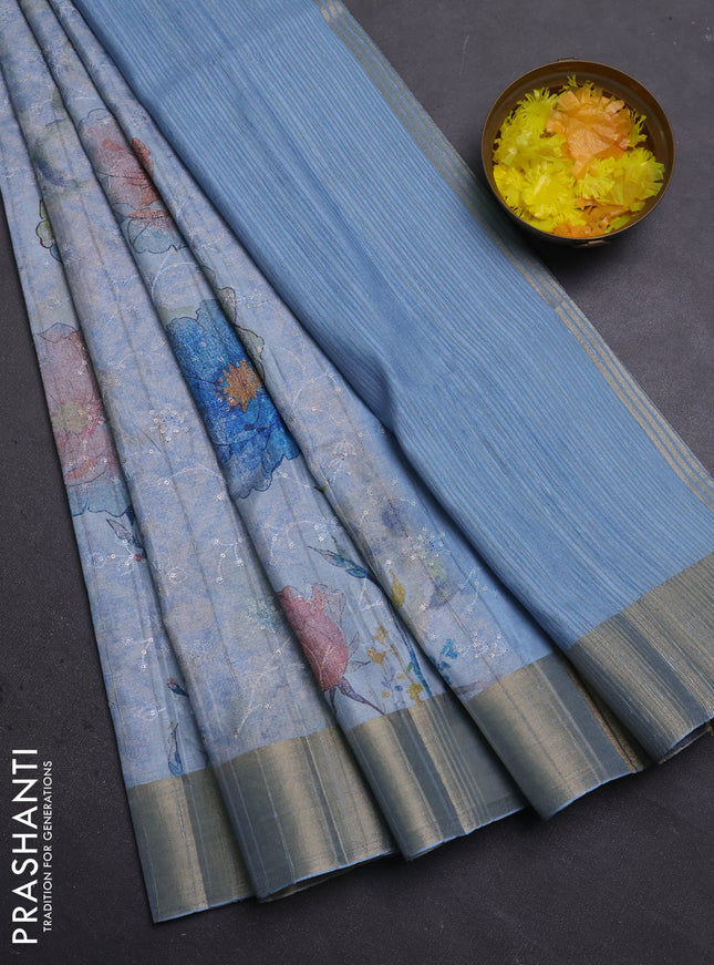 Semi matka saree pastel blue with allover floral prints & sequence work and zari woven border