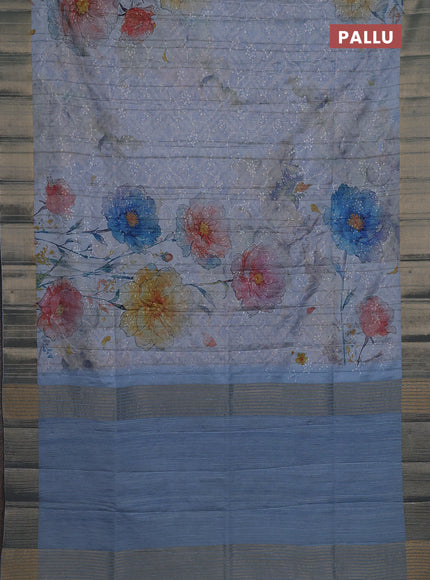 Semi matka saree pastel blue with allover floral prints & sequence work and zari woven border
