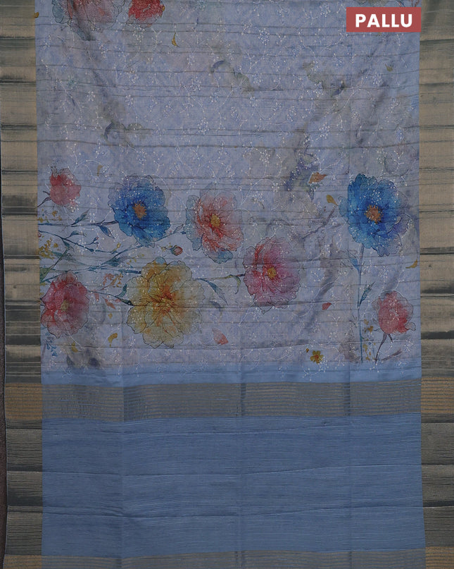 Semi matka saree pastel blue with allover floral prints & sequence work and zari woven border