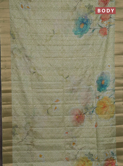 Semi matka saree pista green with allover floral prints & sequence work and zari woven border
