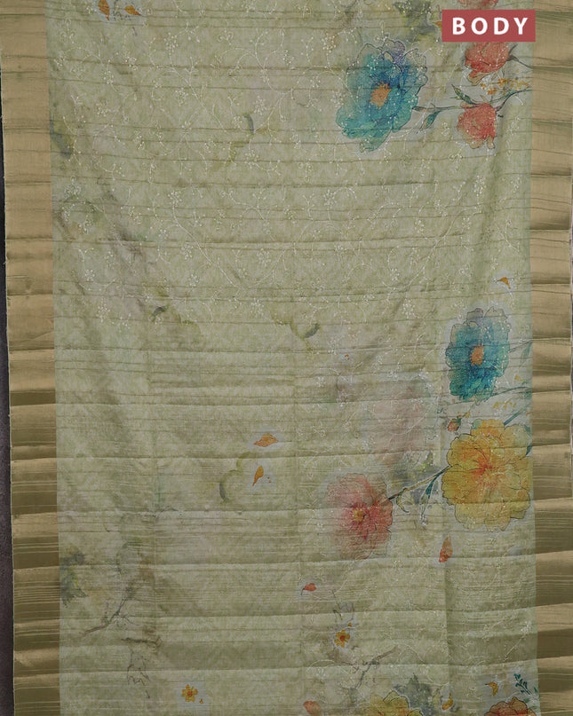 Semi matka saree pista green with allover floral prints & sequence work and zari woven border