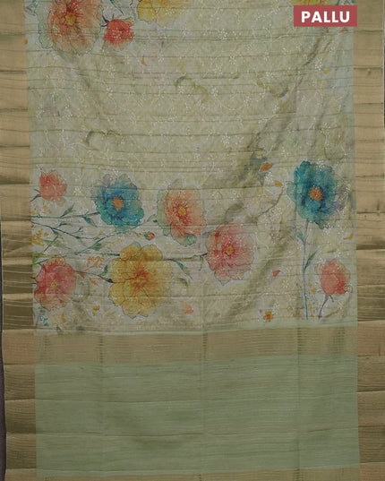 Semi matka saree pista green with allover floral prints & sequence work and zari woven border