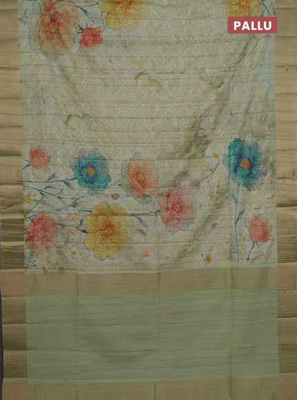Semi matka saree pista green with allover floral prints & sequence work and zari woven border