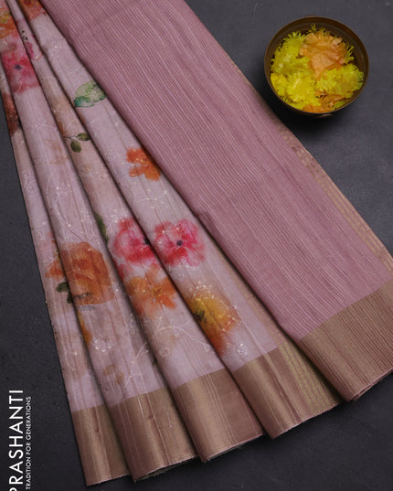 Semi matka saree peach shade with allover floral prints & sequence work and zari woven border
