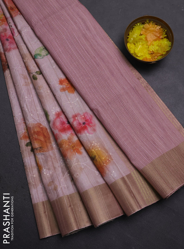 Semi matka saree peach shade with allover floral prints & sequence work and zari woven border