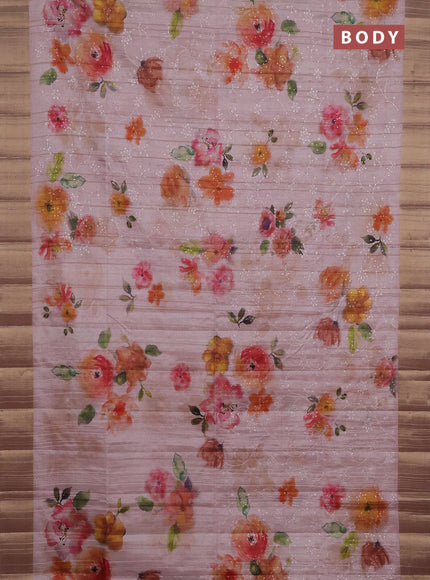 Semi matka saree peach shade with allover floral prints & sequence work and zari woven border