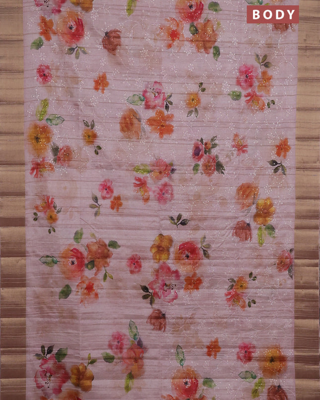 Semi matka saree peach shade with allover floral prints & sequence work and zari woven border