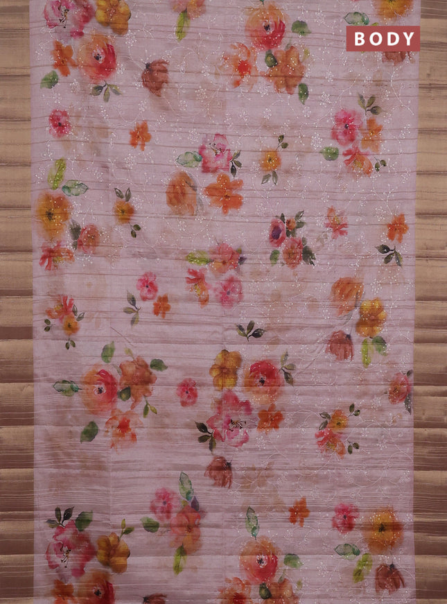 Semi matka saree peach shade with allover floral prints & sequence work and zari woven border