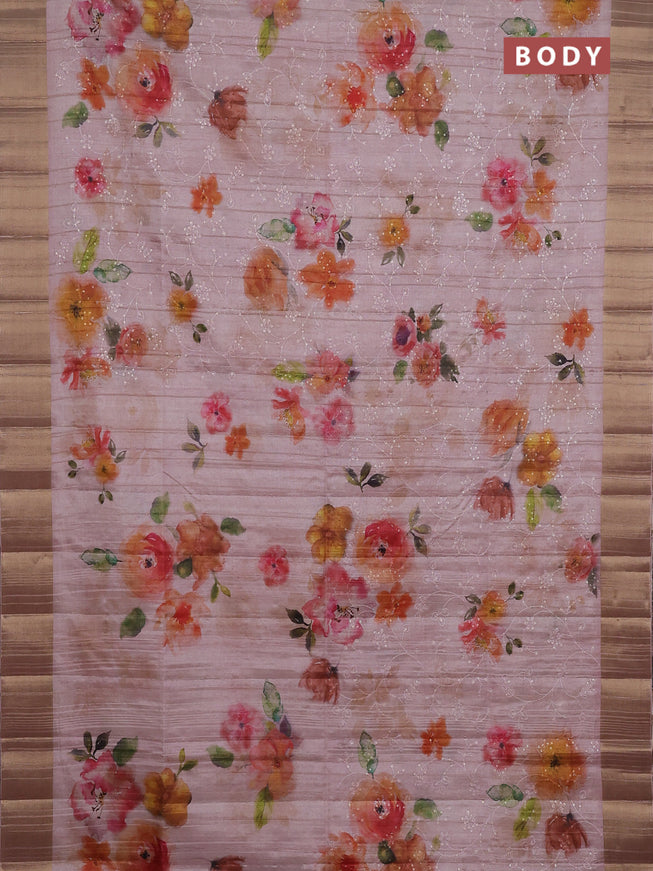 Semi matka saree peach shade with allover floral prints & sequence work and zari woven border