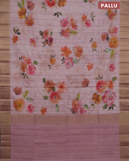 Semi matka saree peach shade with allover floral prints & sequence work and zari woven border