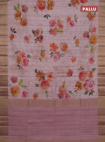 Semi matka saree peach shade with allover floral prints & sequence work and zari woven border
