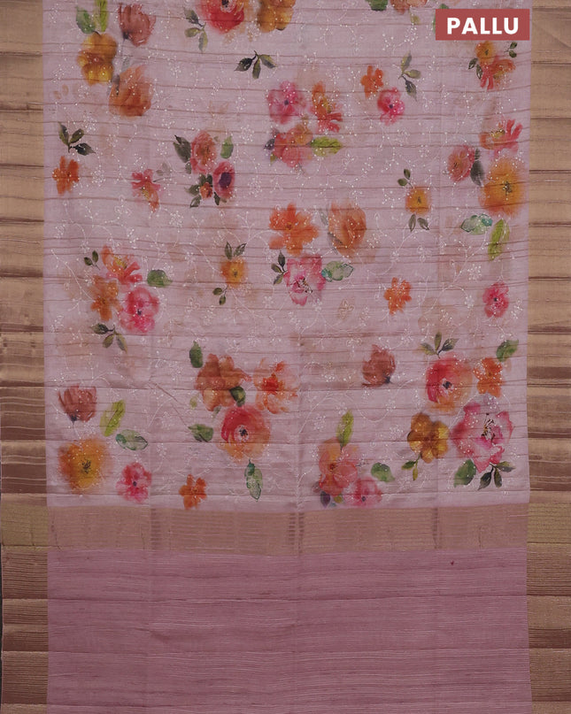 Semi matka saree peach shade with allover floral prints & sequence work and zari woven border