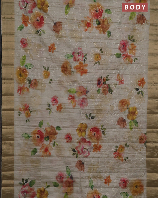Semi matka saree pista green with allover floral prints & sequence work and zari woven border