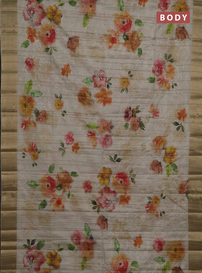 Semi matka saree pista green with allover floral prints & sequence work and zari woven border