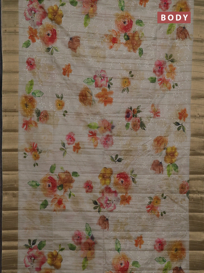 Semi matka saree pista green with allover floral prints & sequence work and zari woven border