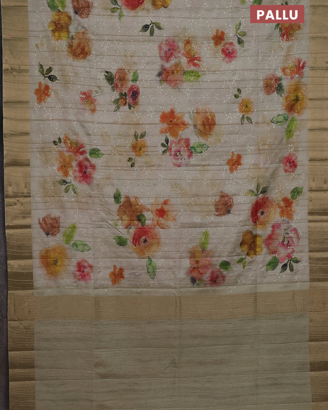 Semi matka saree pista green with allover floral prints & sequence work and zari woven border