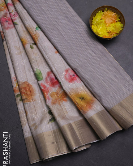 Semi matka saree beige with allover floral prints & sequence work and zari woven border