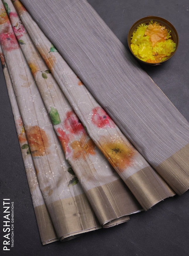 Semi matka saree beige with allover floral prints & sequence work and zari woven border