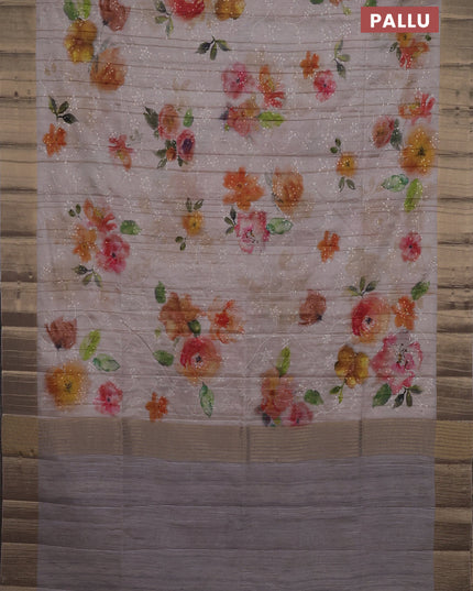 Semi matka saree beige with allover floral prints & sequence work and zari woven border
