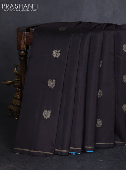 Pure kanchipuram silk saree deep coffee brown and light blue with annam & rudhraksha zari woven buttas in borderless style