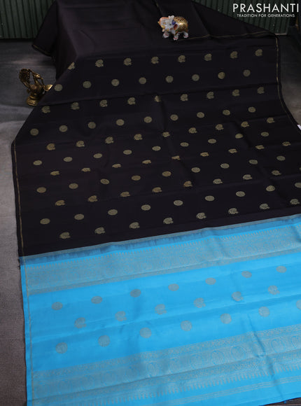 Pure kanchipuram silk saree deep coffee brown and light blue with annam & rudhraksha zari woven buttas in borderless style