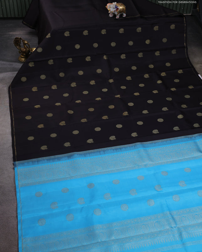 Pure kanchipuram silk saree deep coffee brown and light blue with annam & rudhraksha zari woven buttas in borderless style