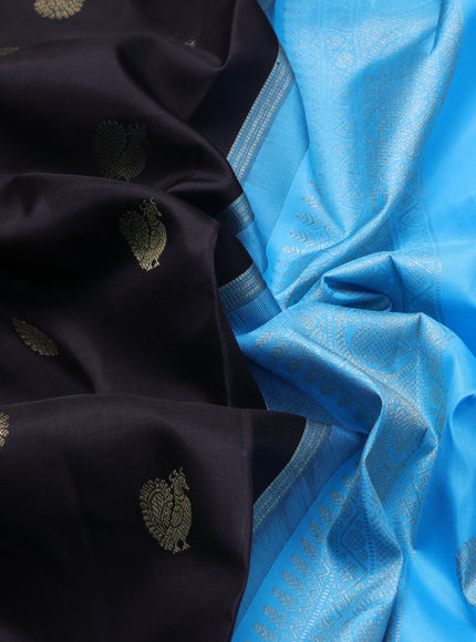 Pure kanchipuram silk saree deep coffee brown and light blue with annam & rudhraksha zari woven buttas in borderless style