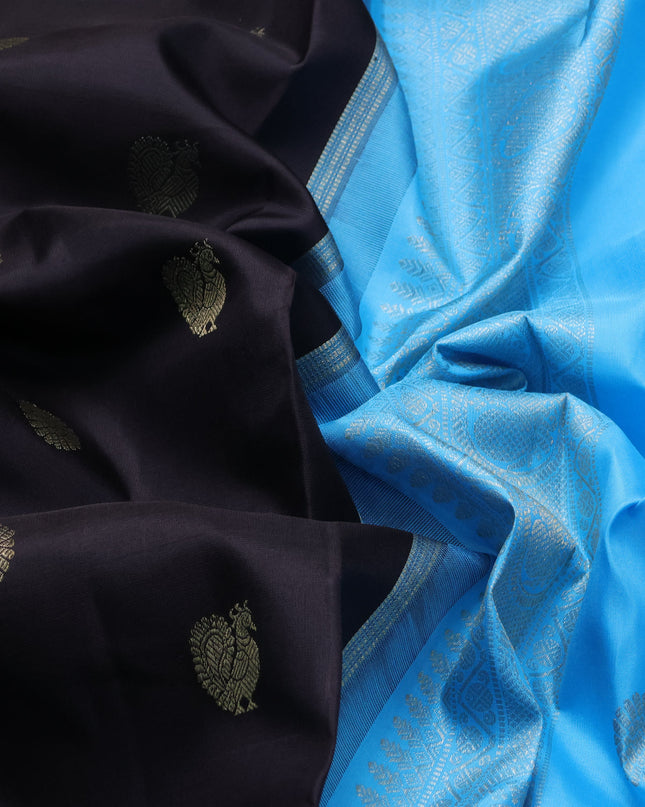 Pure kanchipuram silk saree deep coffee brown and light blue with annam & rudhraksha zari woven buttas in borderless style