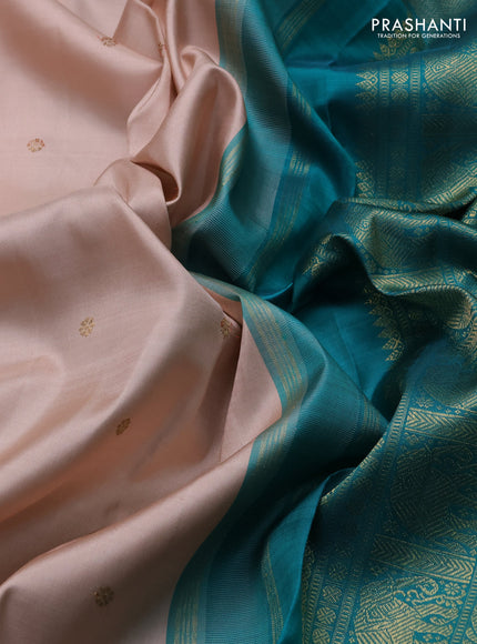 Pure kanchipuram silk saree pastel orange and teal green with zari woven buttas and zari woven korvai border