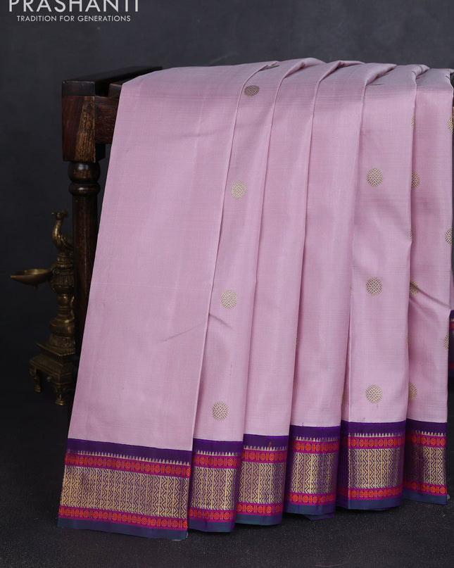 Pure kanchipuram silk saree pastel pink and violet with zari woven buttas and zari woven korvai border