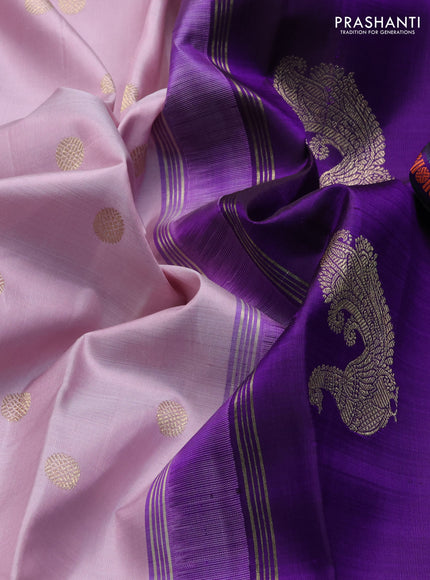 Pure kanchipuram silk saree pastel pink and violet with zari woven buttas and zari woven korvai border