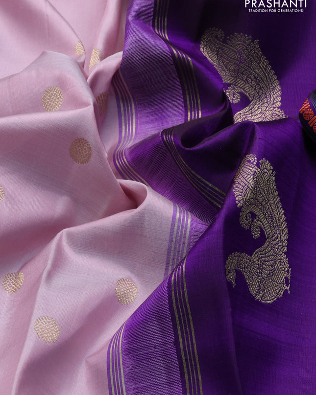 Pure kanchipuram silk saree pastel pink and violet with zari woven buttas and zari woven korvai border