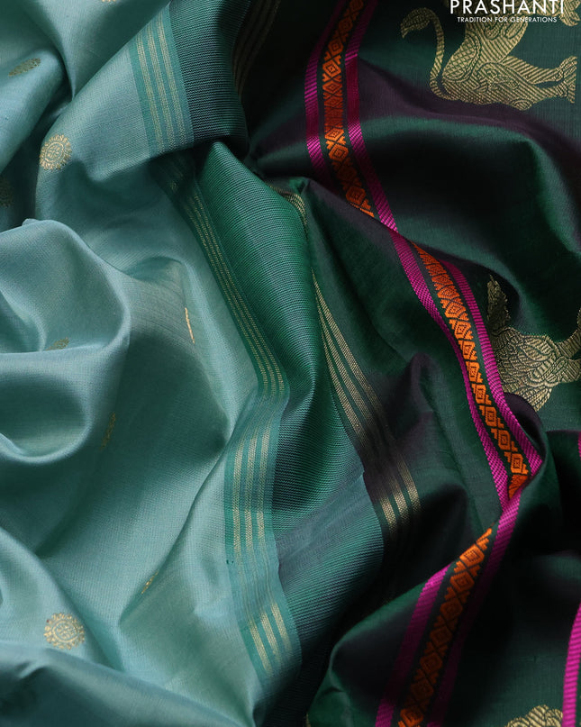 Pure kanchipuram silk saree pastel green and green coffee brown with zari woven buttas and zari woven korvai border