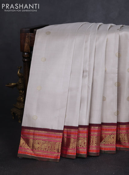 Pure kanchipuram silk saree beige and green maroon with zari woven buttas and ganga jamuna border